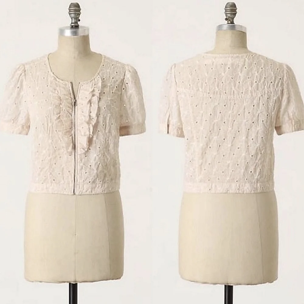 Anthropologie Cream Eyelet Ruffle Zip-Front Blouse